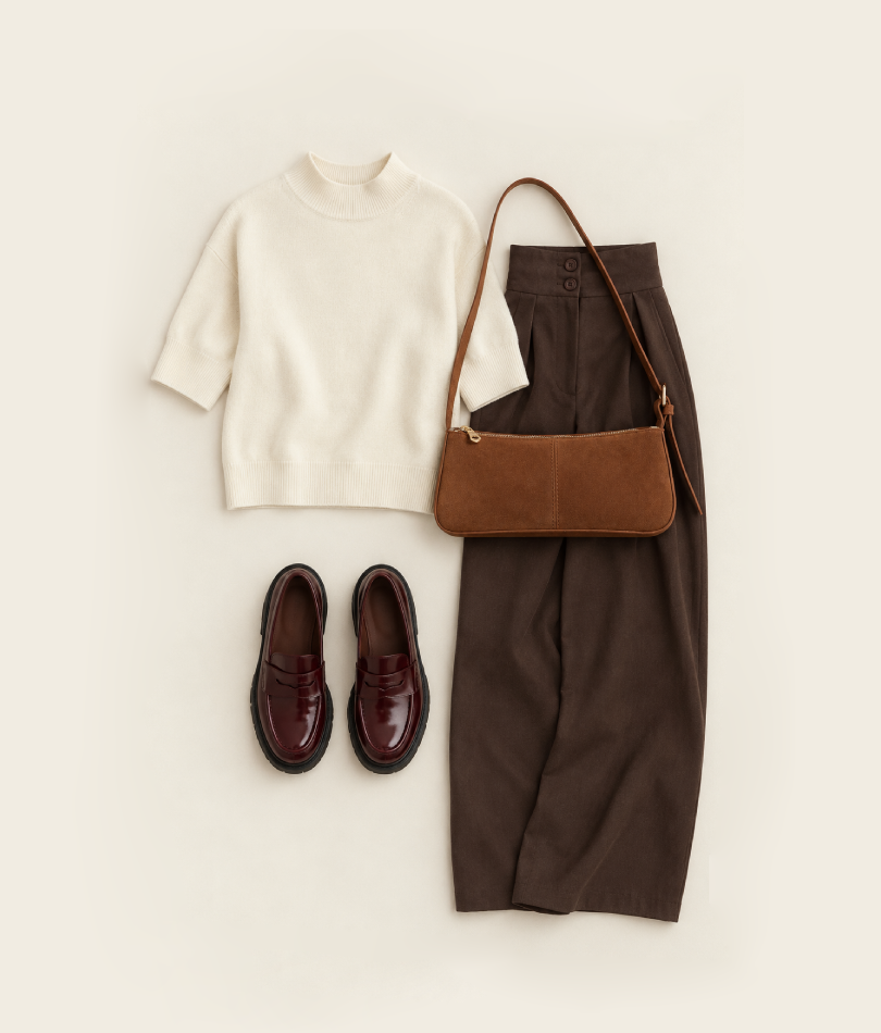 Abbinamento Moro + panna: maglia panna, pantaloni moro, borsa baguette