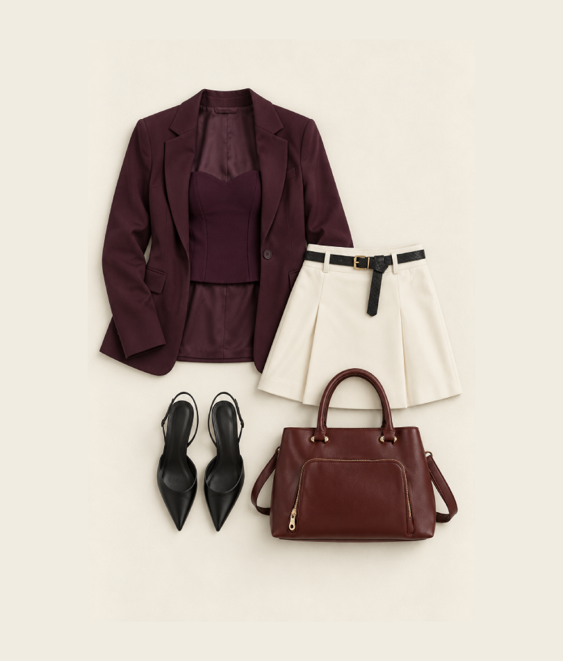 Abbinamento Panna + bordeaux: blazer bordeaux, top bustier, gonna panna, borsa a mano